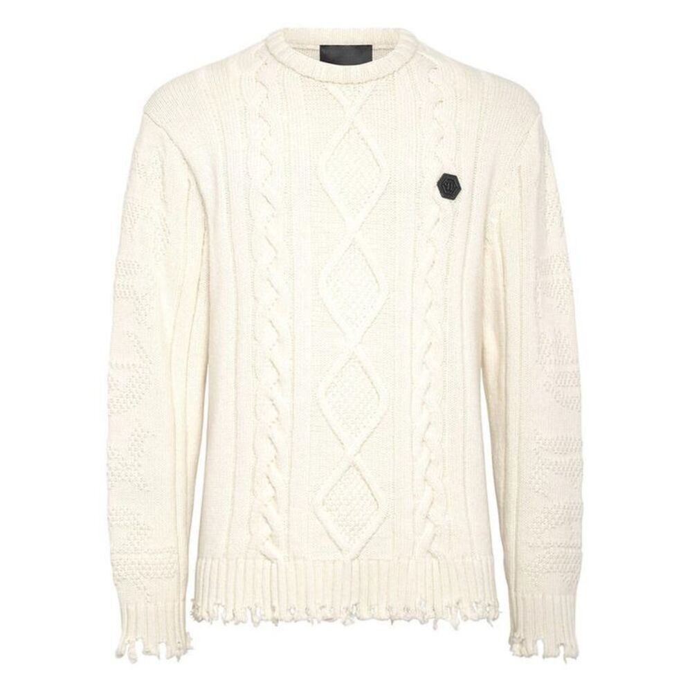 Philipp Plein Cable Knit Distressed Hem Sweater Men white Sweaters & Knitwear